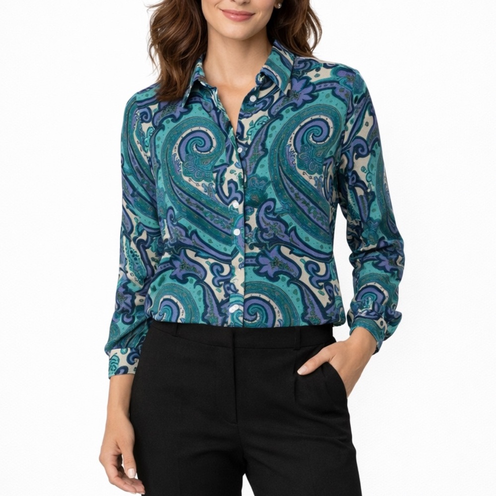 NWT Karen Kane Women's Floral Paisley Tailored In Teal Blouse Medium
